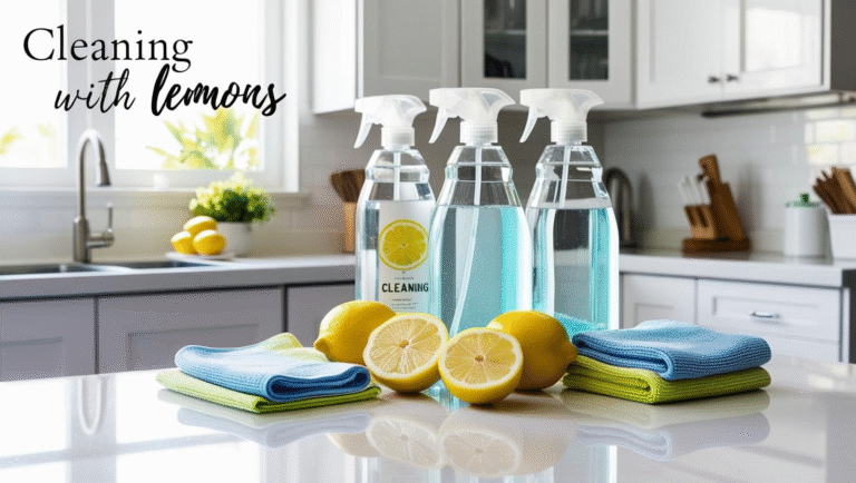 a group of bottles with a spray bottle next to a group of lemons