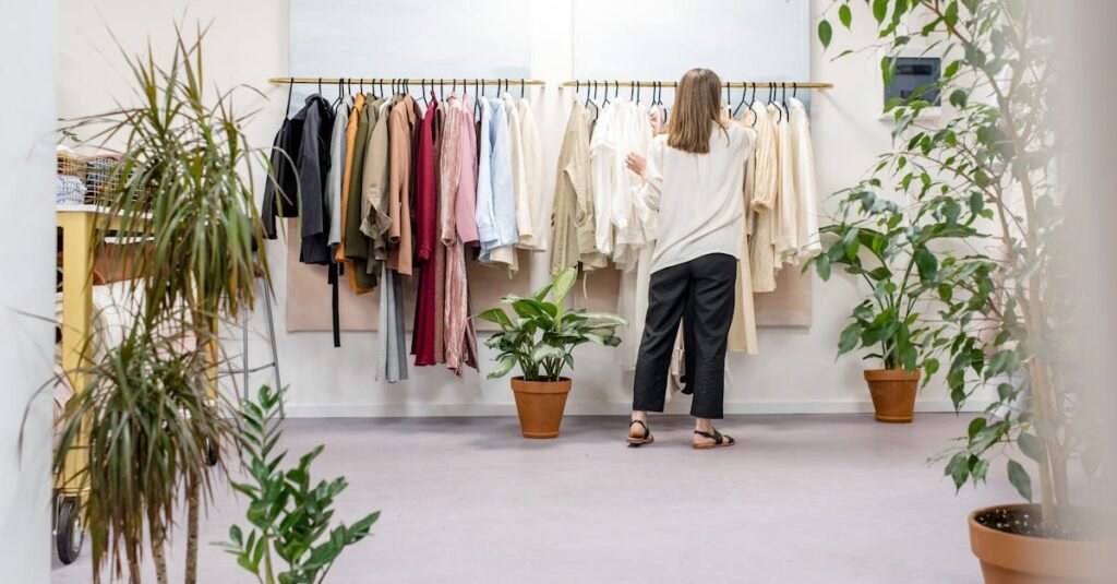 Woman browsing clothes in a boutique surrounded by indoor plants and stylish displays. Ideal fashion retail scene.